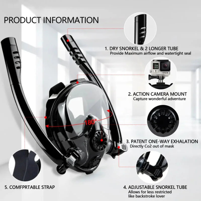 Professional Adults 180° Full Face Snorkel Mask Wide-Eye Panoramic Vision Advanced Anti-Fog Leak-Proof Underwater Adventures