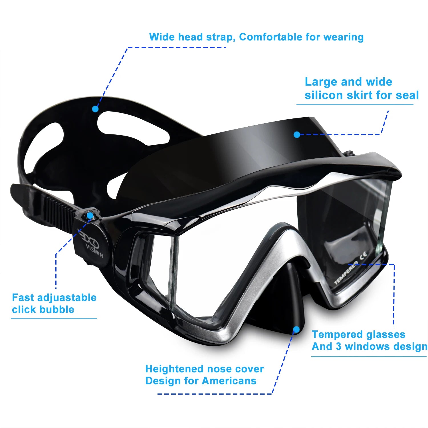 Adult Scuba Diving Mask Pano 3 Panoramic Tempered Glass Snorkeling Dive Mask, Premium Swim Goggles with Nose Cover Snorkeling