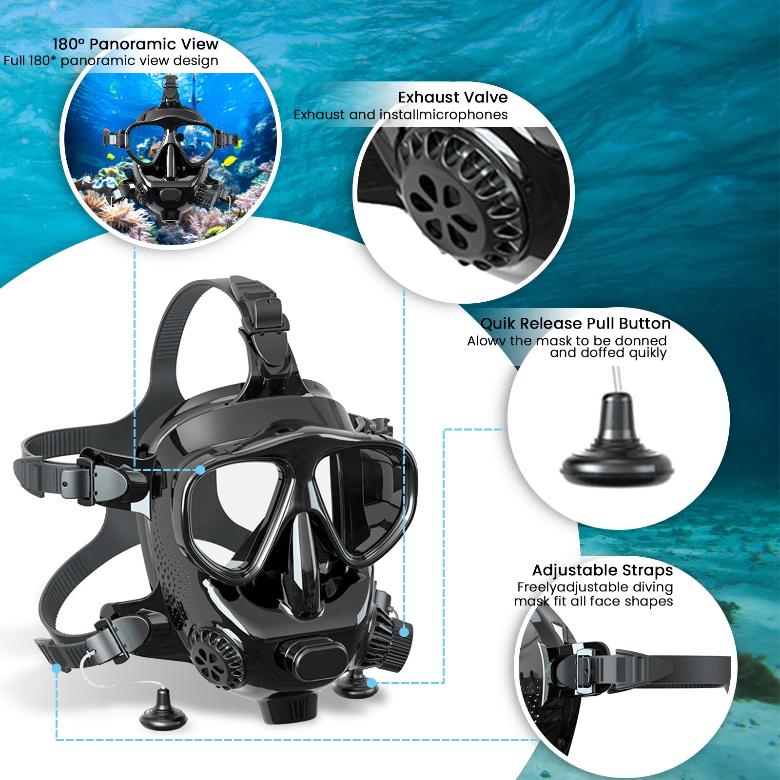 TUDIVING-Full Face Diving Mask with Camera Mount,Full Face Snorkel Mask for Adults Compatiable 1L/2L Scuba Diving Tank